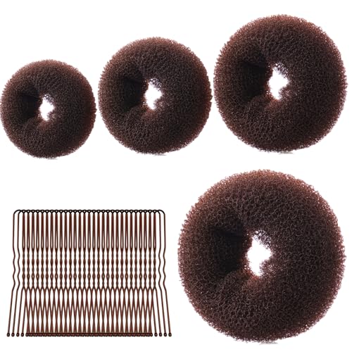 URAQT Donut Hair Bun Set, 4PC Dutt Maker, Duttkissen Groß und klein mit 30 U-Form Haarspange,Donut Haark Hochsteckfrisuren Zubehör für Frisur Tänzer Kinder Mädchen Frauen (4er-Braun (6+8+10+12))