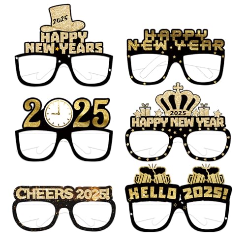 6 Stücke Silvester Deko 2025 Partybrillen,Silvester Brille Happy New Year 2025 Neujahr Deko Glitzern Schwarz Gold Papier Brille Party Foto Requisiten for Kinder Erwachsene Silvester Party Zubehör