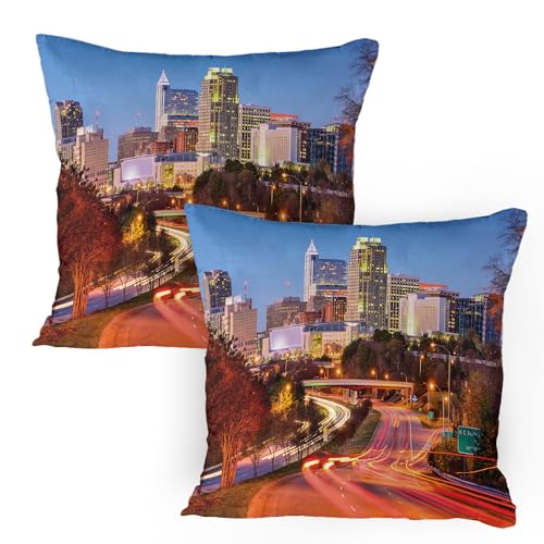 ABAKUHAUS Vereinigte Staaten Kissenbezug Packung mit 2, Raleigh North Carolina USA-Eilweisen-Geschäftsgebiet, das Wolkenkratzer errichtet, Dekorativer Gedruckter Kissenbezug, 80 x 80 cm, Mehrfarbig