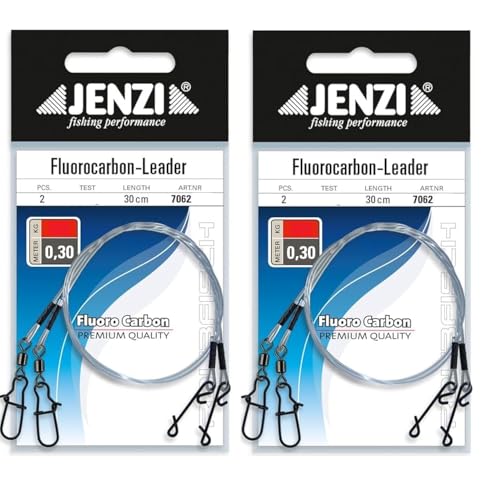 Set: 4 Stück Fluoro-Carbon-Vorfach mit Wirbel und knotenlos Verbinder von Jenzi, 9, 11, 17, 24 & 27Kg, Länge 30 cm + Petri Heil! Aufkleber (11 kg)