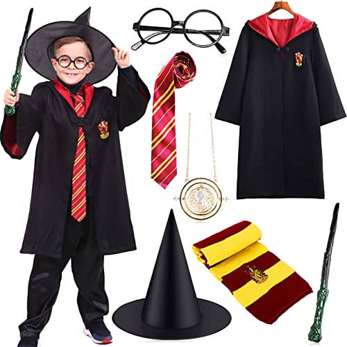 Frasheng Kostüm Kinder für Harry Potter 7-teiliges Set Bestehend aus Zauberstab, Umhang und Zauberhut, Halloween Zauberer Kostüm für Jungen Mädchen, Kostüme Kinder für Harry Potter, Karneval, 125 CM