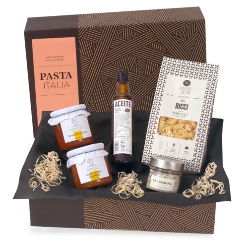 Geschenk-Set PASTA ITALIA | Gefüllter Präsentkorb mit italienischen Nudeln, mediterraner Feinkost, nativem Olivenöl und Meersalz | jamon.de