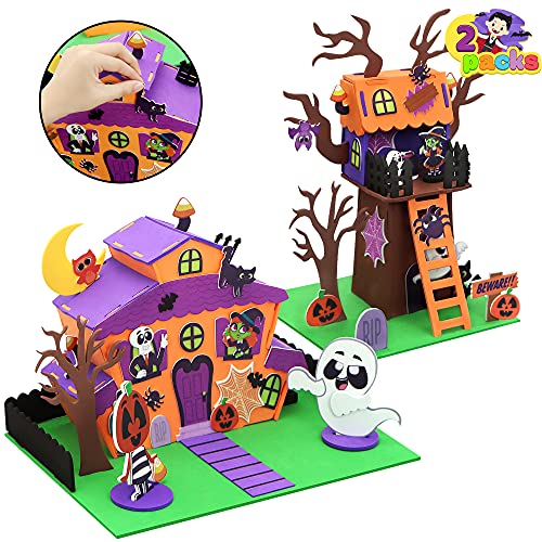 JOYIN 2 Pcs Halloween Schaumstoff Spukhaus 3D Bastelset für Kinder, 3D Halloween Baumhaus und Kürbis Spukhaus, Halloween Kunst und Bastelset Gastgeschenke Partydekoration