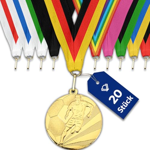 pokal-fabrik.de - Fussball-Medaillen 20 Stück Set Metall mit Wunschtext - Fussballmedaille golden zum Umhängen für Siegerehrungen - Medaillen Kinder mit Band nach Wahl für Vereine & Turniere