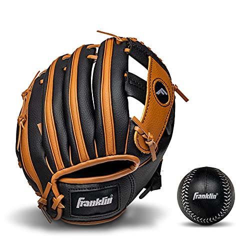 Franklin Sports Unisex Jugend Youth RTP Baseballhandschuhe – Tballhandschuh + Ball Jungen + Mädchen Teeball Handschuh Set – Kinder + Kleinkind – Rechtshänder – 24,1 cm – Hellbraun, Schwarz/Braun, 9.5"