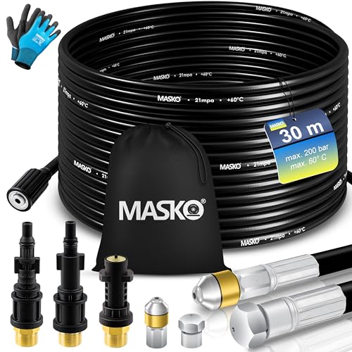 MASKO® Premium Rohrreinigungsschlauch Set Abflussreiniger 30m, 200 bar inkl. Tasche 3 Adapter 2 Düsen rotierend kompatibel mit Kärcher k2-k7 LAVOR Hochdruckreiniger Rohrreinigungsset + Handschuhe