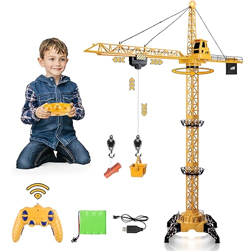 deAO Ferngesteuerter Turmkran Spielzeug, 6-Kanal 128cm Hoch Mega Crane Spielkran für Kinder mit Turm Licht, 680° Drehbar Ferngesteuerter Kran Konstruktion RC Kran Spielzeug Hebekran für Kinder