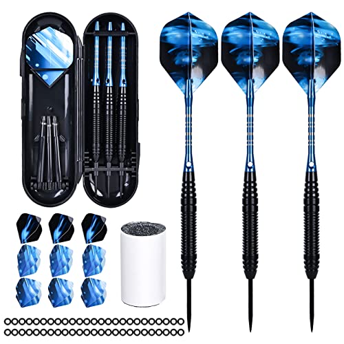 Acboor Dartpfeile, Dartpfeile Metallspitze 3 Stück Profi Steeldarts Steel Dartpfeile Set 3 Aluminium Schaft mit 9 Flights 50 Anti-Lose Gummiringe und 2 Dart Tool Sharpener