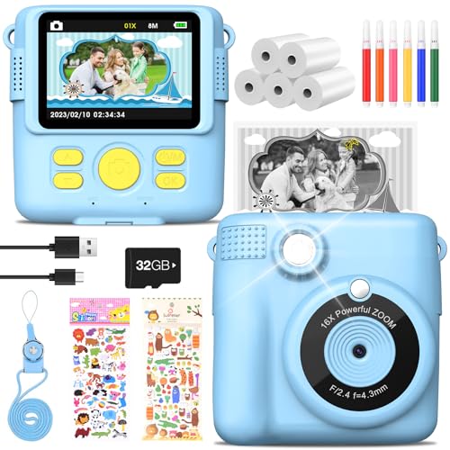 KinderKamera, MILFECH 1080P 2,4 Zoll Bildschirm Sofortbildkamera DigitalKamera Fotokamera mit 5 Rollen Druckpapier,32GB Karte, 6 Farbigen Stiften,2 Aufkleber Geschenk für Kinder 3-12 Jahren(Blau)