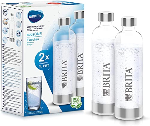 BRITA Flaschen 2er-Pack für Wassersprudler sodaONE | 2X 1 Liter Ersatzflaschen | Leichte, BPA-freie PET-Flasche im Duo-Pack | Sprudlerflaschen mit Elementen aus poliertem Edelstahl