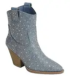 Damen Strass Blockabsatz Mid Calf Kurze Stiefeletten Kniehohe Stiefel, Blauer Jeans-Strass, 36 EU