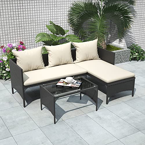 bigzzia Rattan Gartenmöbel Set Outdoor-Gartenmöbel-Set Polyrattan-Möbelset Terrasse aus modularen Gartensofas mit 1 Couchtisch, 2 gepolsterten Kissen, 3 Kissen