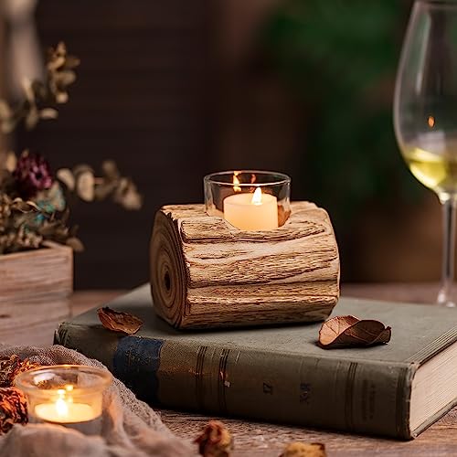 Romadedi Teelichthalter Holz Herbst Dekoration: Rustikale Kerzenständer Holz Windlicht für Herbst Deko Tischdeko Boho Kerzenhalter für Autumn Baumstamm Decor Fensterbank Innen Kamin, 1Glass