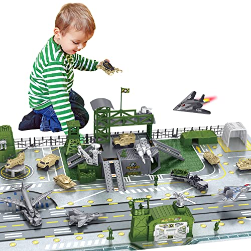 deAO Militär Basis Spielzeug Set, Army Men Playset mit Militärfahrzeug, Waffenzubehör, Fahrzeugzubehör und Spielkarte, tolles Armeespielzeug für Kinder 3, 4 und 5 Jahren Jungen Mädchen