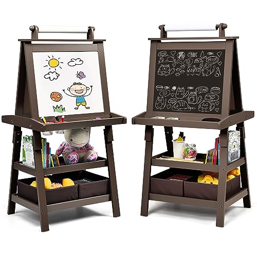 COSTWAY 3 in 1 Kinder Staffelei, Kindertafel doppelseitig, Whiteboard & Kreidetafel & Zeichenpapier, Standtafel inkl. Magneten, 2 Regalebenen Holztafel mit 2 Aufbewahrungsboxen (Kaffe)