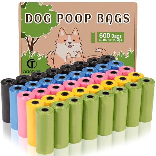 AiTodos® 600 Stück Hundekotbeutel, 5 Farben, Geeignet zum Ausgehen, Hundekotbeutel, 30 x 21,5 cm, Polyethylen-Material, Tragbar, Schwarz, Blau, Rosa, Gelb, Grün (40 Rollen, 15 Stück pro Rolle)