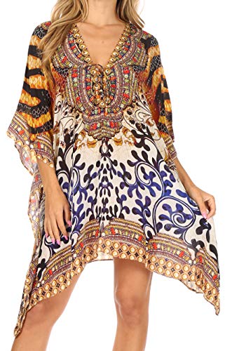 Sakkas 1825 - Aymee Frauen Kaftan Poncho vertuschen V-Ausschnitt Top Schnürung mit Strass - OW15-White - OS