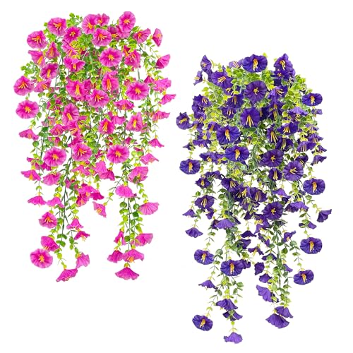 SHEPIN 4 Stück Kunstblume Hängend Petunien Seidenblumen, Künstliche Hängepflanzen Eukalyptus wie echt, 78CM Künstliche Blumen für Draußen Wetterfest, Plastikblumen Petunien Pflanzen für Balkon