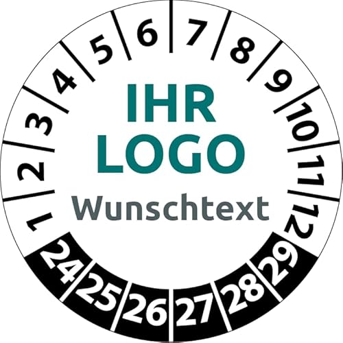 Prüfplaketten mit Logo und Wunschtext, 200 Stück, Vinylfolie, selbstklebend, Prüfetiketten/Prüfaufkleber mit Firmeneindruck (30 mm Ø)