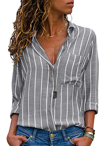 Bluse Damen Langarm Casual Streifen Oberteile Hemd Lose V-Ausschnitt Langarmshirt Chiffon Blusen Tops Elegant (Grau, L)