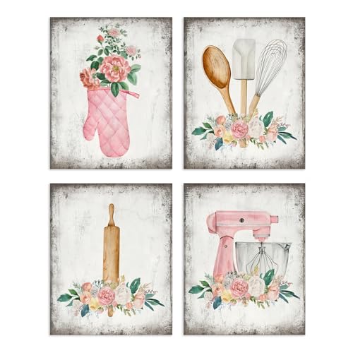 Dazzlewall 4er Set Vintage Rustikale Blumen Küche Wandbilder, Rosa Florale Leinwand Bilder mit Löffel Mixer Handschuhe Kunstwerk Deko für Küche Esszimmer 20×25 cm Ungerahmt