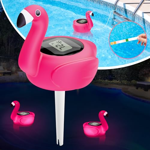 LanBlu Pool Thermometer Schwimmend mit Licht, Solar Pool Thermometer Digital Leicht zu Lesen, Flamingo Thermometer Pool Schwimmend mit Schnur & Großes LCD-Display,Schwimmbad Thermometer für Pool Teich