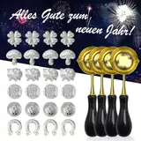 Ycaaeo Zinngießen Set Silvestergießen mit 24 Zinnfiguren 4 Löffel, Zinn Giessen Silvester, Wachsgießen Glücksbringer für Silvester Partyspiele Silvestergießen das Wahrsagerei