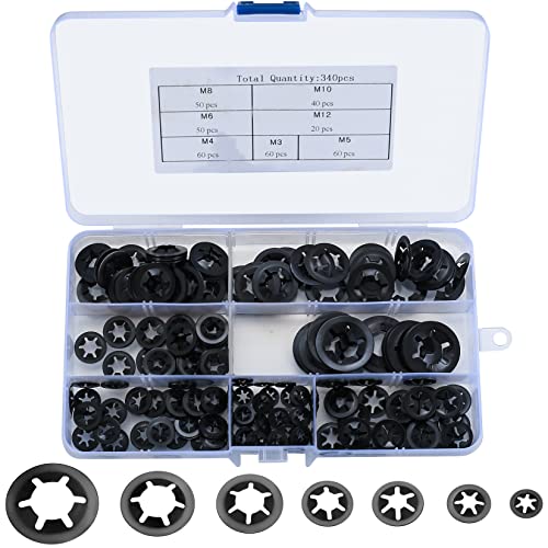 Ewwtrey 340 Stück Sicherungsscheiben, Starlock Unterlegscheiben, Innenzahn Schnellverschluss Haltering Snap Sicherungsring Sortiment Kit - Schwarz, M3, M4/M5/M6/M8/M10/M12