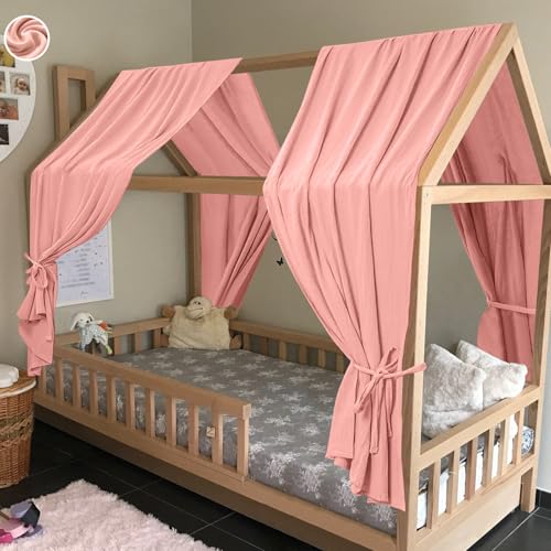 HOTUT Hausbett Himmel,2 Stück Betthimmel Babybett aus Musselin,Weich und atmungsaktiv Baldachin Kinderzimmer Deko,Babybett Himmel Deko Set für Mädchen & Jungen-62 x 270cm Dunkelrosa