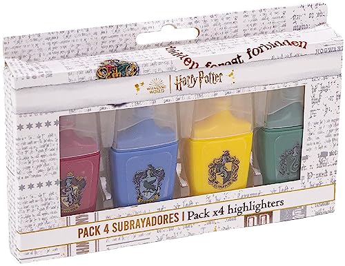 Harry Potter Marker Stifte Set 4-Teilig - Mini Format - In Rot, Blau, Gelb und Grün - Mit dem Wappen des Hauses Hogwarts - Schulutensilien aus ABS-Kunststoff - Original Produkt in Spanien Designed