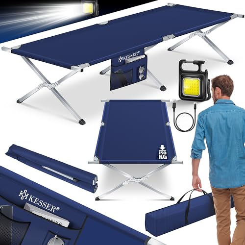 KESSER® Campingbett Klappbett mit Tragetasche, Seitentasche & Campinglicht | Stabiles Feldbett 190x73x45cm bis 150 kg Belastbar Metallrohr | 600D Oxfordgewebe Tragbar Liege Reise Bequem | Navyblau