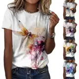 Sommer Damen Tshirt Basic Lockere Rundhalsausschnitt T Shirt Bedrucken Mode Oberteile Baumwolle Casual Locker Kurzarm Bluse Elegante Tops Bedruck Tshirts Frauen Sportshirt Große Größen (White-D, XL)