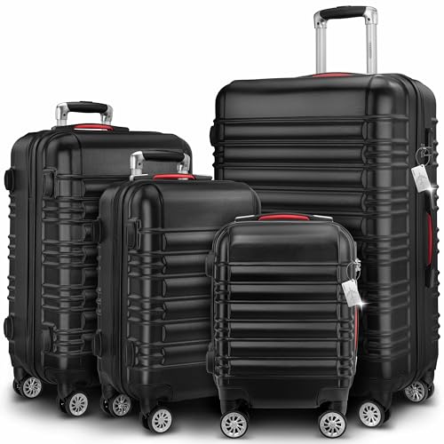 MONZANA® 4tlg Kofferset Schloss Organizer Kofferwaage Gurt Gel-Griffe Zwillingsrollen Standfüße Trolley Reisekoffer Hartschale Koffer S-M-L-XL Schwarz