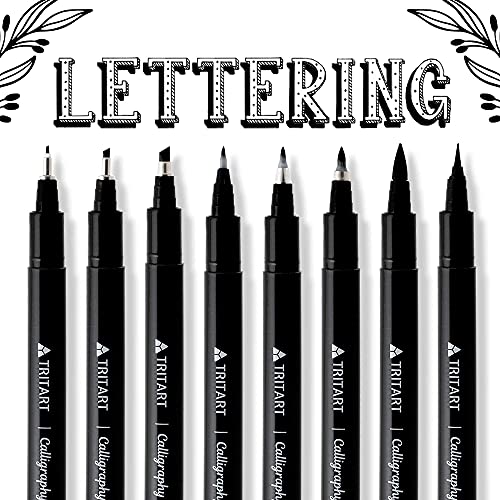 Tritart Kalligraphie Stifte Set – 8 Pinselstifte, Brush Pens mit verschiedenen Stiftspitzen – schwarze Filzstifte mit feinster Japan -Tusche – Handlettering Fineliner und Malstifte