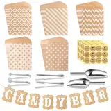 FIHODONE 72 Stück Candy Bar Zubehör, Enthält 60 Stück Candybar Tüten und 4 Zuckerzange, 2 Eisschaufel und 60 Stickers, Candybar Zubehör Set für Hochzeit Geburtstage Party