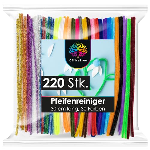 OfficeTree 220 Pfeifenputzer Bunt zum Basteln - 30 Farben inklusive Glitzerdraht - Chenilledraht 30cm - Pfeifenreiniger Bunt zum Basteln - Pipe Cleaner für DIY Projekte