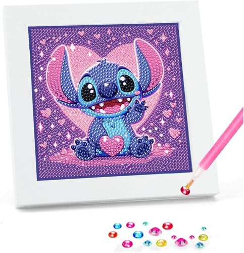 5D DIY Cartoon Diamond Painting Set,Stitch Diamond Painting für Erwachsene und Kinder,Stitch Diamond Painting Kit,diamond painting mit rahmen stitch,Wohnzimmer,Wand,Schlafzimmer Dekoration 17x17cm