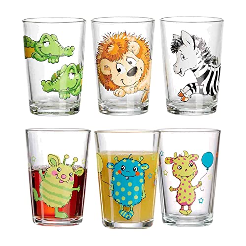 Ritzenhoff & Breker Kindergläser Happy Zoo & Monsterchen, 6er Set, 205 ml, Bedruckte Kinderbecher mit Tier- & Monstermotiven, Spülmaschinengeeignet