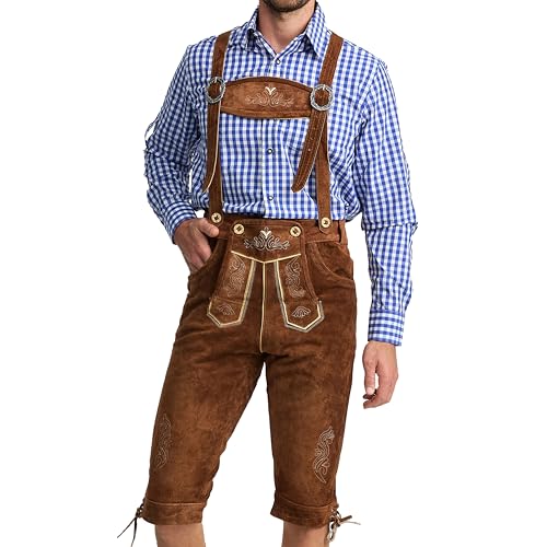 Steigenhöfer - Traditionelle Kniebund Lederhose für Herren, Trachtenhose aus echtem Leder mit H-Trägern, Größe 46-62 - Für Oktoberfest, Feierlichkeiten und Events, Farbe: Mittelbraun, Größe: 50