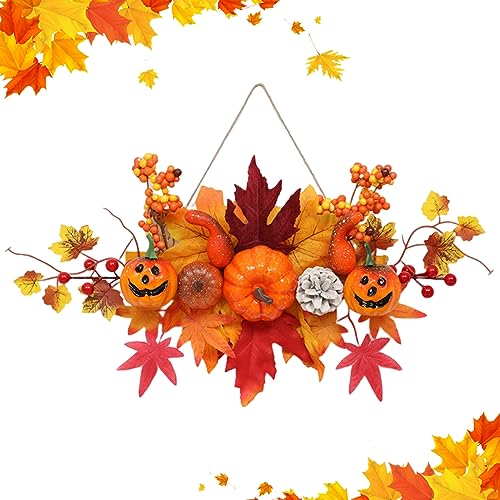 Künstlicher Blumenkranz, Herbstkranz, Haustür, Herbstkranz, Kürbis-Ahornblatt-Halloween-Kranz für Haustür, Herbst-Türkranz mit Hängeseil für Thanksgiving, Halloween-Dekorationen