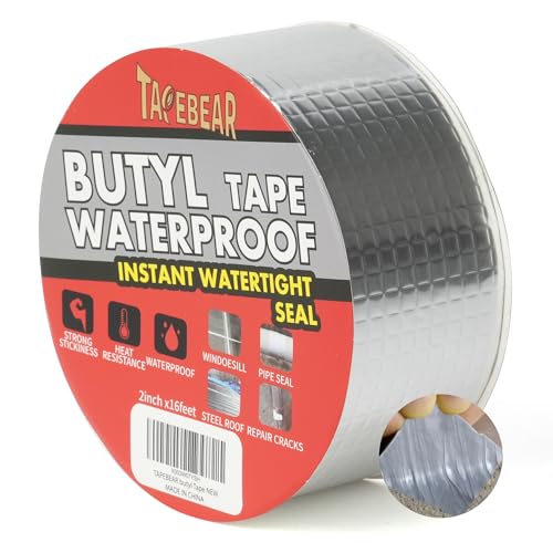 TAPEBEAR Wasserdichtes Butylband 50mm x5m, Wasserdichtes Starkes Selbstklebendes DichtungsbäNder, Silber Aluminium Klebeband Zur Reparatur Für Dachleckage, Oberflächenriss, Fensterbankspalt, Rohrbruch