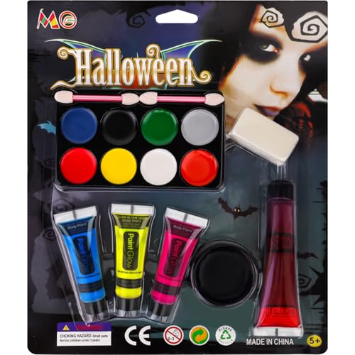 Halloween Spezialeffekt Make Up Set, Halloween Schminke Kunstblut, 3 Farben Neon UV Schminkfarben, 8 Farben Schminken Halloween Gesicht Body Painting, Kunstblut, für Maskerade Halloween, Karneval