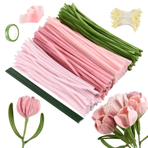 Joyblossom Pfeifenreiniger Blumen Set, 300 Stück Pfeifenputzer zum Basteln, Pfeifenreiniger zum Basteln, mit Blumendraht, Schleifenband, Blumen Staubblatt für Blumenstrauß DIY Dekorationen, Rosa