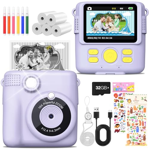 MILFECH Kinderkamera Sofortbildkamera, 1080P 2,4 Zoll Bildschirm DigitalKamera Kinder mit 5 Rollen Druckpapier,32GB Karte, Fotokamera mit 6 Farbigen Stiften,2 Aufkleber Geschenk für Kinder (Lila)
