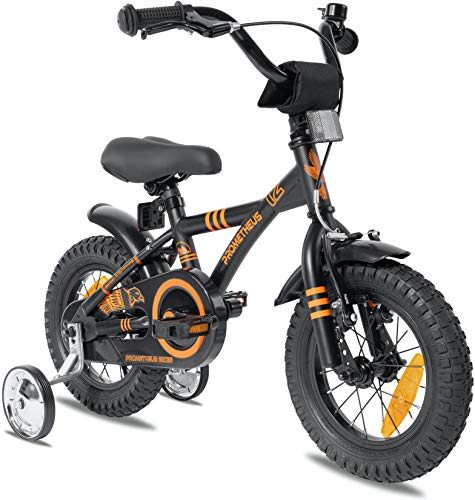 PROMETHEUS BICYCLES Kinderfahrrad ab 3 Jahren - 12 Zoll Kinder Fahrrad Mädchen Jungen Fahrrad Kinder mit Stützräder Rücktrittbremse in Schwarz Matt Orange