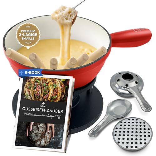 Ottia Gusseisen Fondue Set für 2, 3, 4, 5, 6 Personen, 3-lagige Emaille, Schadstofffrei, 10-teilig mit Brenner+Gabeln+Rezeptbuch, Fondü-Set, Käsefondue, Fleischfondue, Schokofondue, Hamburger Händler