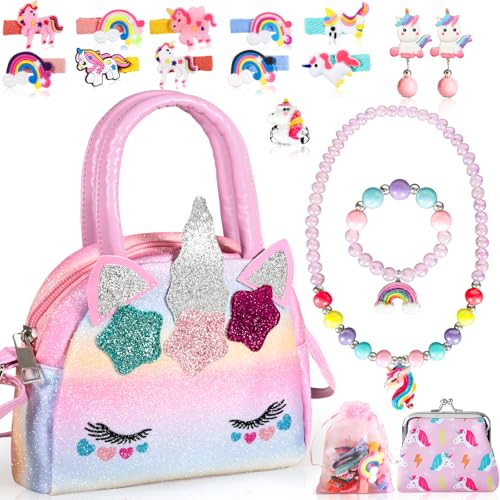 BGIUSQF 17 Stück Einhorn Handtasche Schmuckset für Mädchen - Geschenke, Taschen, Halsketten, Armbänder, Ringe, Haarnadeln