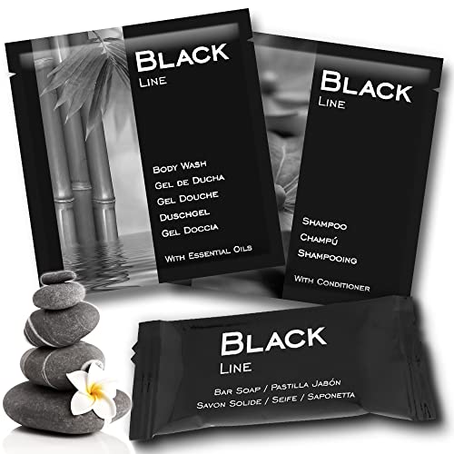 GPQ - Hotel Amenities Set | Black Line Kit | Duschgel + Shampoo + Seife Pack | 100 Stück x 3 Produkte | Bulk Hotelausstattung | Ohne Parabene | Apartment, Herrenhaus, Airbnb, Ausflug, Gästehaus