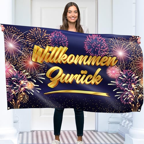 Willkommen Zurück Banner 150 x 90 cm – Herzlich Willkommen Girlande – Willkommen Zuhause Deko – Lebendiger Digitaldruck – 110 Den Polyester – Doppelnaht (Blau)