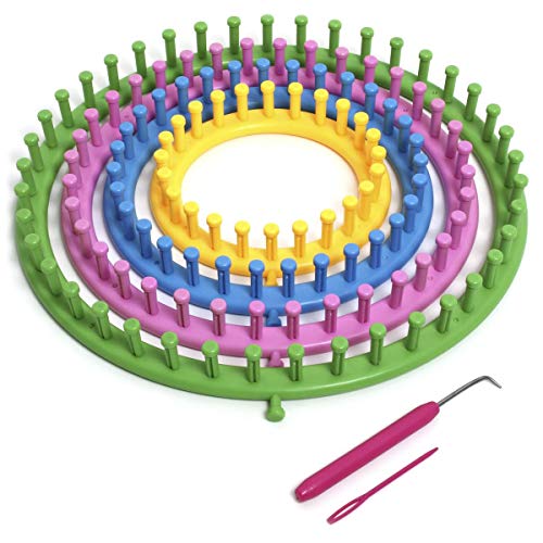 iGadgitz Home U6988 - Runder Strickrahmen, Knitting Loom Set, Strickring Set (4 Größen - 14 cm|19 cm|24 cm|29 cm) mit Stopfnadel und Häkelnadel - Mehrfarbig